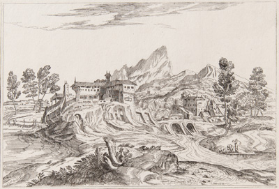 Titian etching from 1682 Town with factories, women washing at river